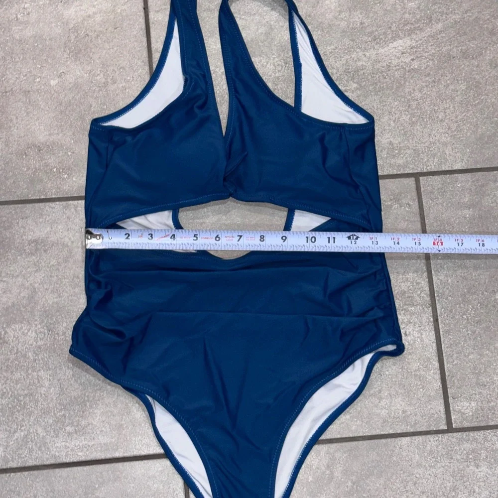 Cupshe Cutout Tie Front One Piece Swimsuit Women Large Navy Teal Blue EUC Ruched